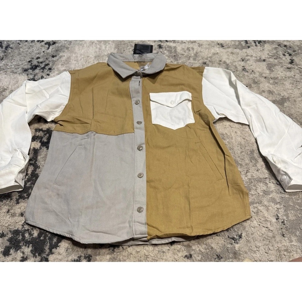 Le Lis Womens Sz Medium Beige Gray Shirt Jacket Collar Button Up Pockets New